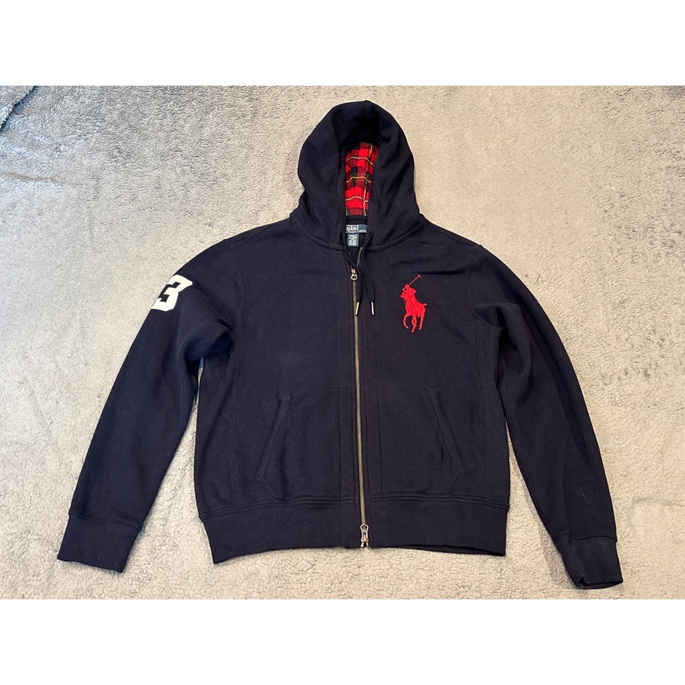 Polo Ralph Lauren Mens Big Pony Full Zip Hoodie Navy Blue Plaid Lining Size M